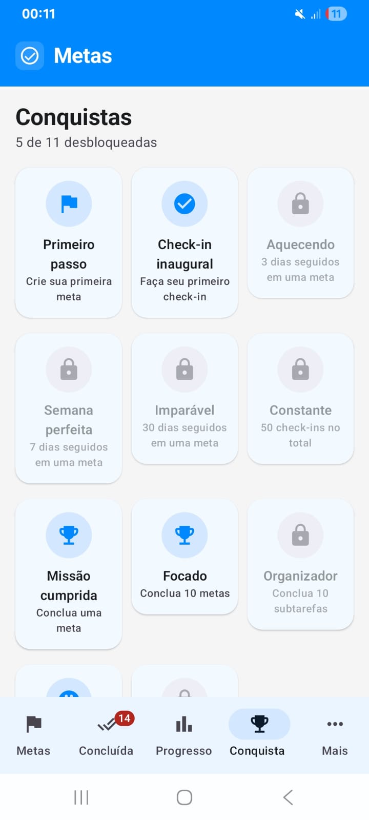 Conquistas do app de hábitos: Primeiro passo, Semana perfeita, Imparável e Focado